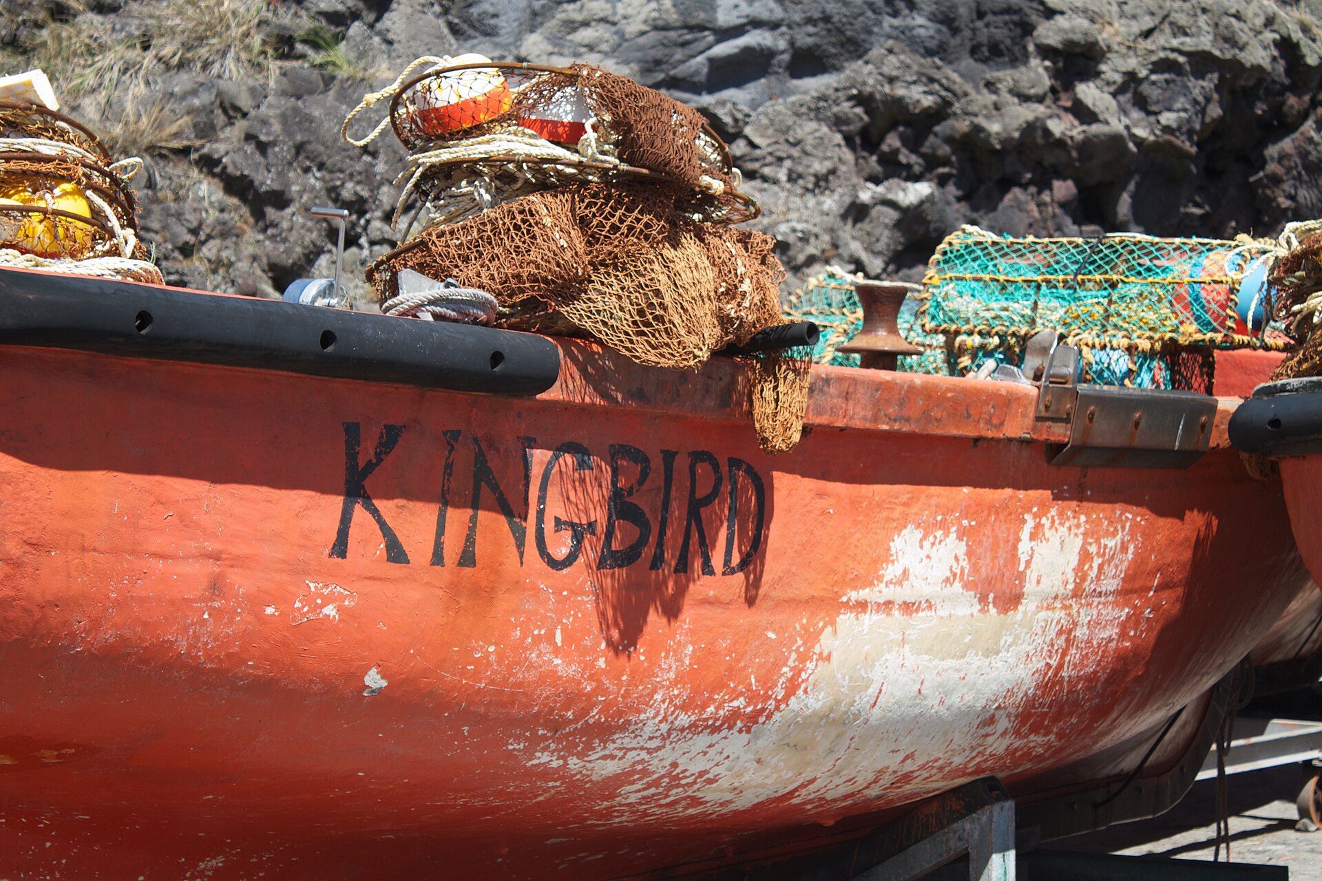 A Tristan longboat loaded with lobster pots
